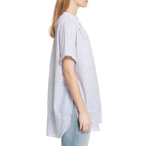 Free People For Keeps Oversized Tunic Top XS Blue Striped Linen Coastal Boho - Picture 16 of 16